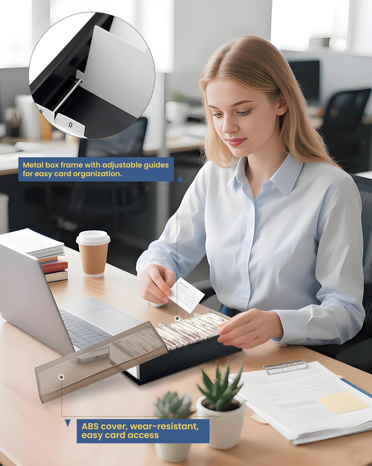 COTOSEA Business Card Holder for Desk, 800 Capacity Plastic Business Card Organizer Box, Desktop 3.5x2.2in Credit Flash Gift Cards Holder File Box Storage, A-Z Tabs, Metal Structure, Black
