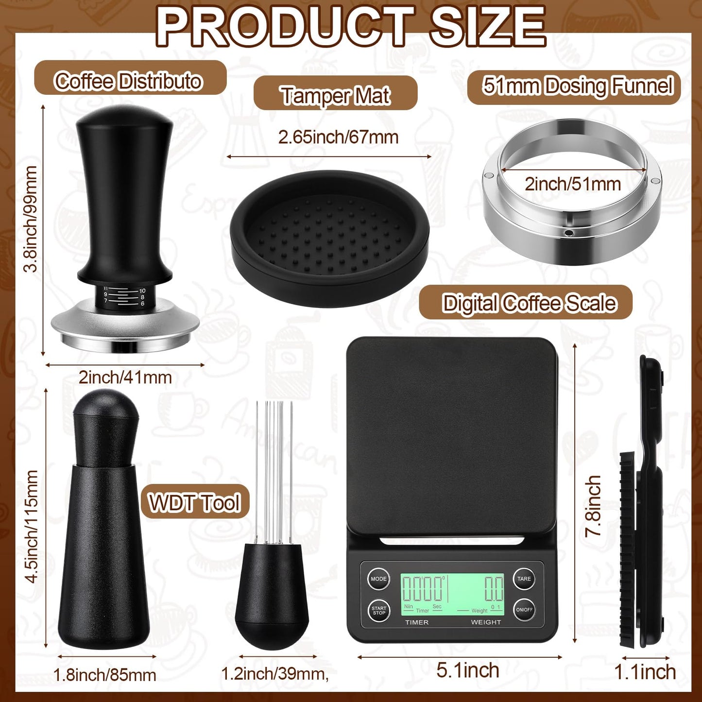 Acellegic 5 Pcs 51mm Espresso Accessories Kit, 3kg/0.1g Accurate Coffee Scale with Timer, Coffee Distributor Spring Loaded Calibrated Tamper WDT Tool and Dosing Funnel Set Fits 51mm Espresso Machines