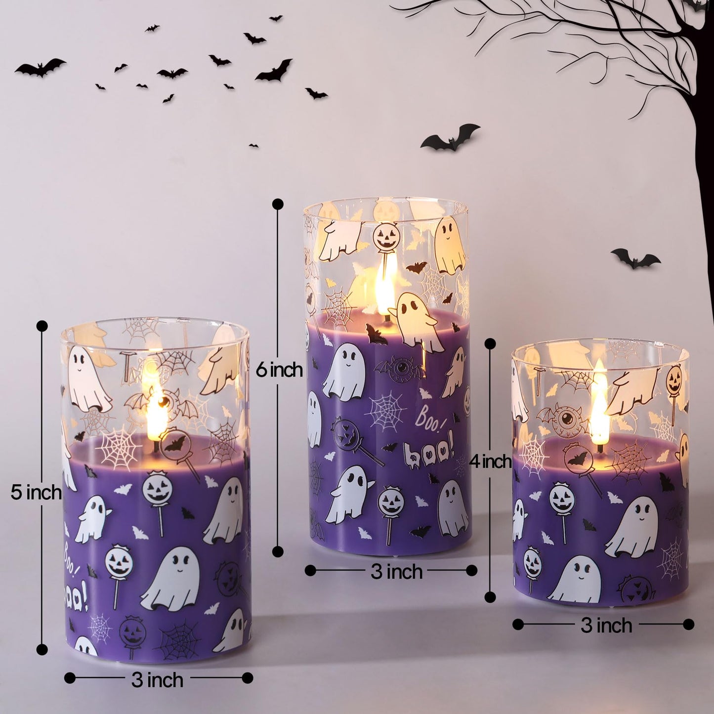 Girimax Purple Glass Flameless Pillar Candles with Remote, Halloween Flickering LED Wax Candles Battery Powered Set of 3