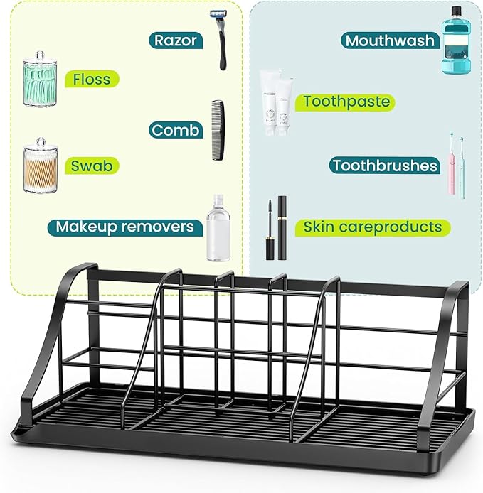 Bathroom Countertop Organizer - Detachable 7 Slots Kids Electric Black Toothbrush and Toothpaste Holder Drainage Tray for Bathroom Accessories Organization Counter Vanity Sink Storage