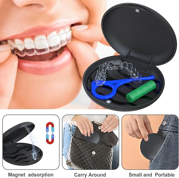 Retainer Case, Cute Slim Orthodontic aligner case Compatible with Invisalign, 2 sets mouth guard case with Removal Tool & Brush, black.