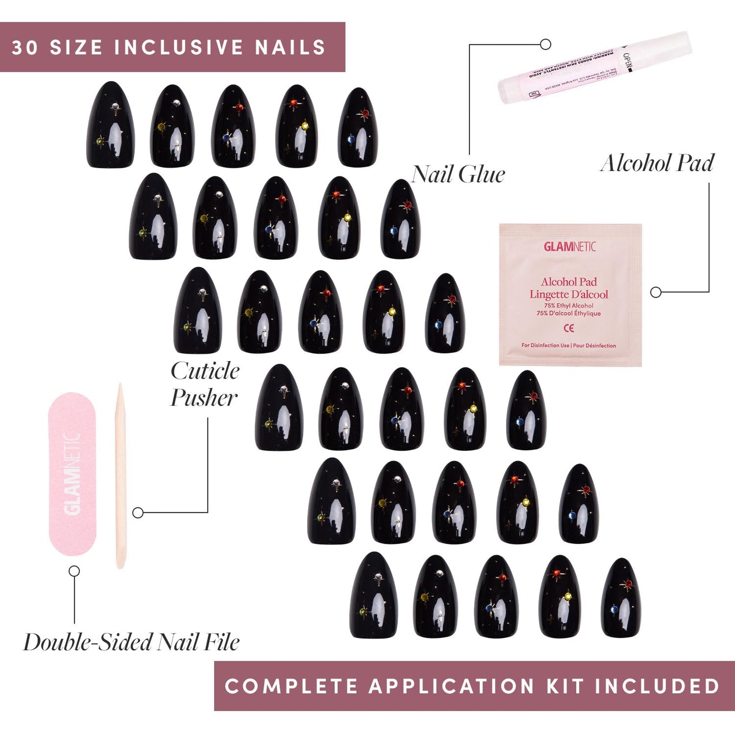 Glamnetic Press On Nails - Winter Comet | Glossy, Opaque, Short Almond Fake Nails, Salon Quality | 15 Sizes - 30 Nail Kit with Glue