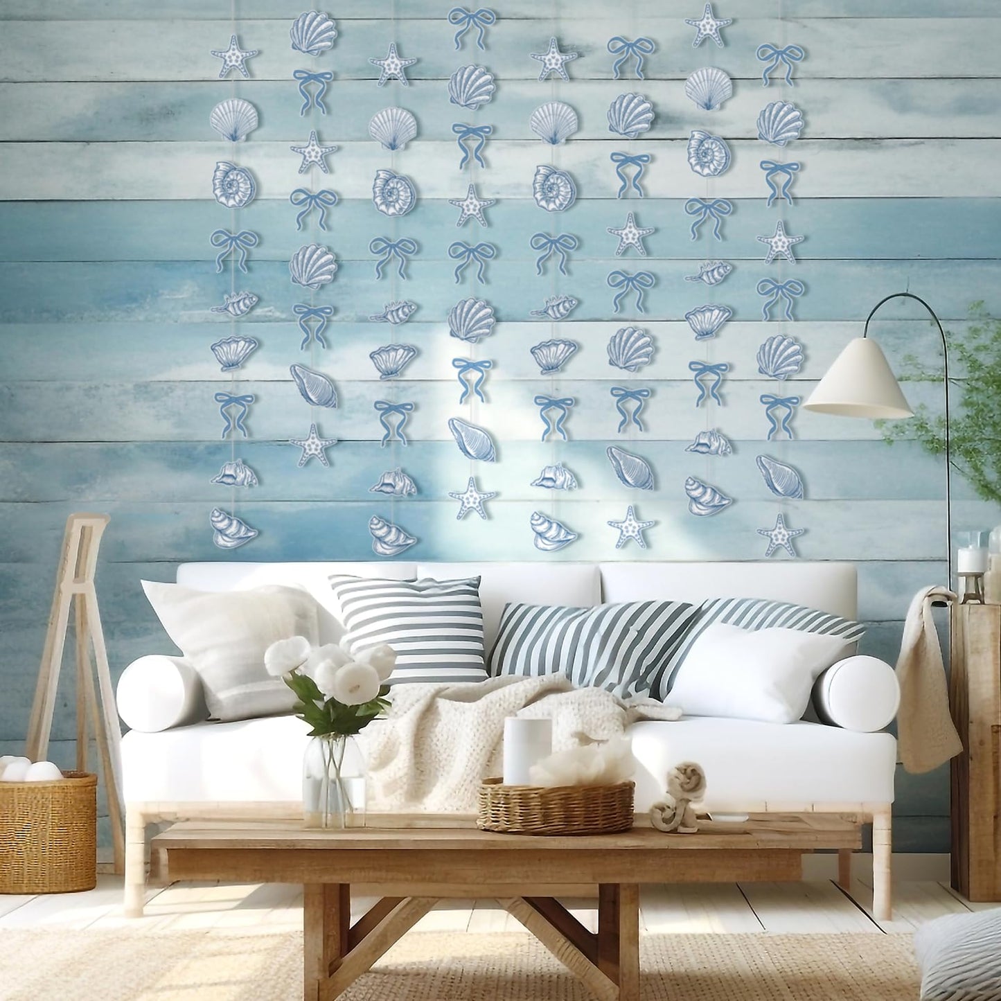 TaoBary 8 Pack Blue Bow Starfish and Seashell Garland 6.56 ft Ocean Coastal Nautical Paper Hanging Decorations Pre Strung Banner for Under the Sea Beach Wedding Mermaid Birthday Party Decorations