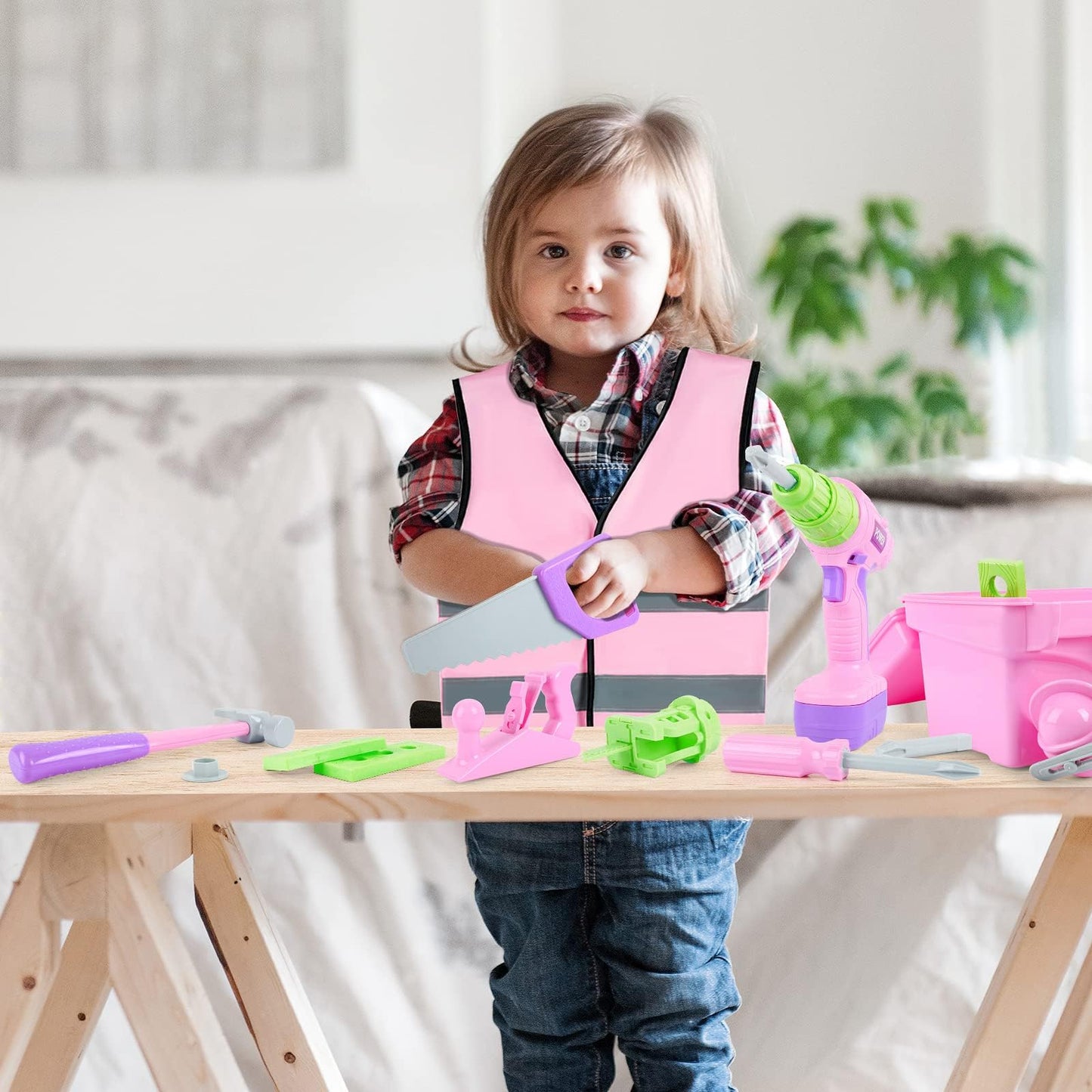 Kids Tool Set, Pink Toy Tool Set for Girls with Electric Drill, Hammer, Planer, Working Vest, with Storage Box, Construction Pretend STEM Toy Tool Kit for Toddlers Age 3 Years and Up
