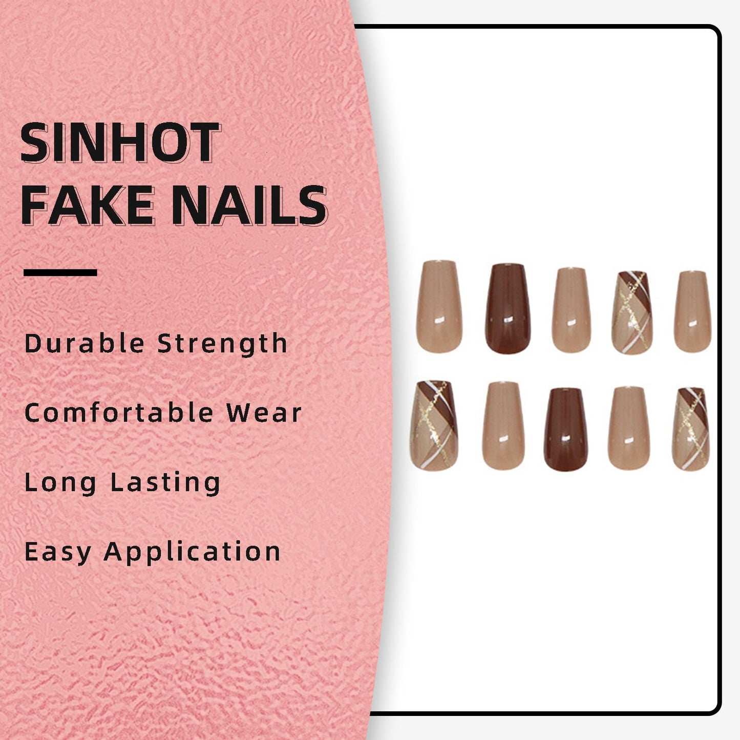 SINHOT Press on Nails - Medium Square Fake Nails, Glossy Finish, Gold Glitter & Brown, DIY Artificial False Nail Art - 24 Pcs Nail Kit with Glue