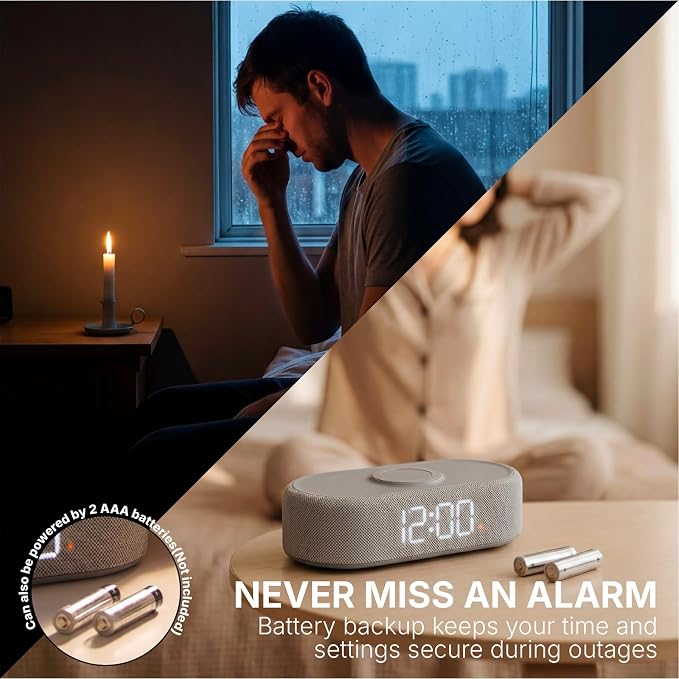 Fabric Digital Alarm Clock for Bedroom, Wireless Charging, Grey