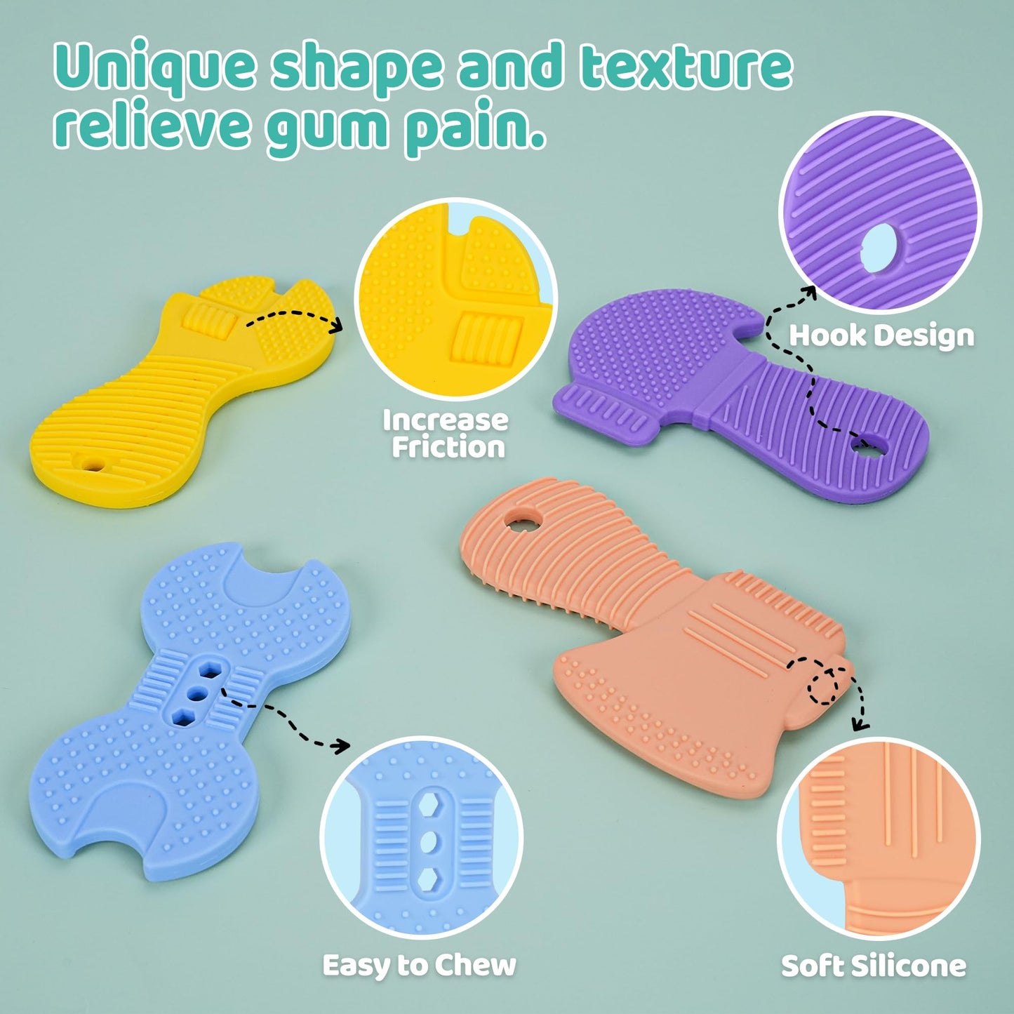 Baby Teething Toys, 4 Pack Silicone Baby Teether Toys with Pacifier Clips, Tool Shape for Babies 0-6 6-12 Months, Multi-Texture Gum Massage Teething Relief, Easy Grip for Newborn Infant Toddler