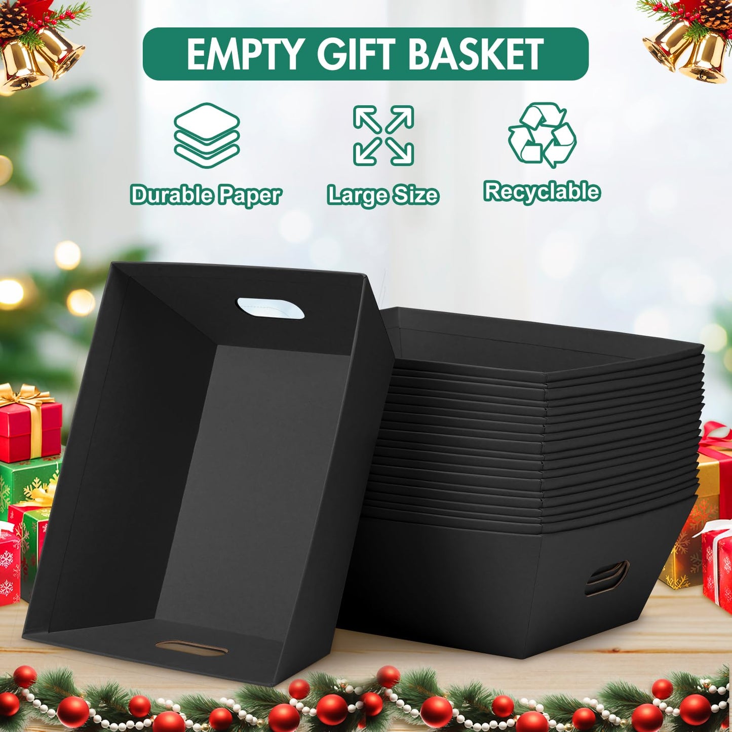 AFOROEOA 10PACK Black Baskets For Gifts Empty, 10x12”Thick Kraft Gift Basket with 10 Bows 10 Bags Empty Gift Baskets for Christmas, Easter, Birthdays, Snacks, Farmers Market