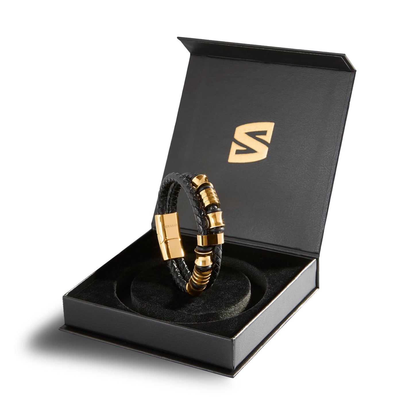 SERASAR Gold Bracelets for Men 17cm Bracelet Gift Box Genuine Leather Cowhide Braided Adjust Able Magnetic Clasp Multi Layer Wrap Rope Man Mans Male Band Jewelry Magnet Accessories