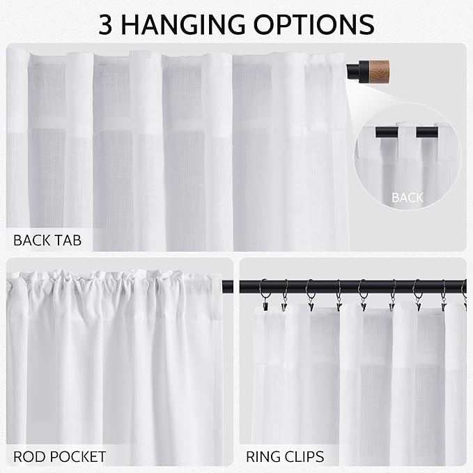 Snow White Linen Curtains 90 Inches Long for Living Room Light Filtering Semi Sheer Curtain Back Tab Luxury Neutral Coastal Modern Farmhouse Decor Drapes for Bedroom Dinner Room 52x90, 2 Panels