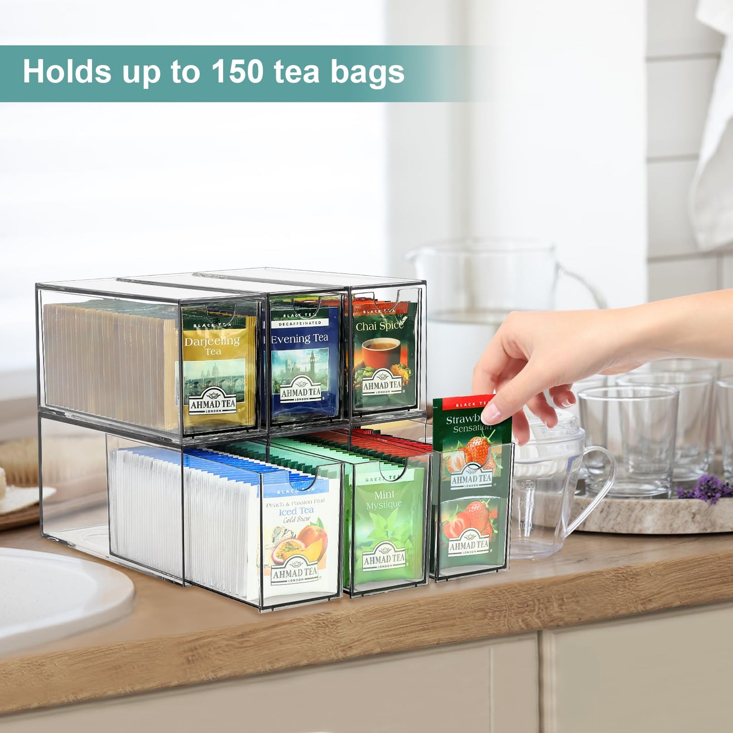 6 Tea Bag Organizer and Storage, Acrylic Tea Bag Holder Organizer, Plastic Tea Drawer Container for Cabinet