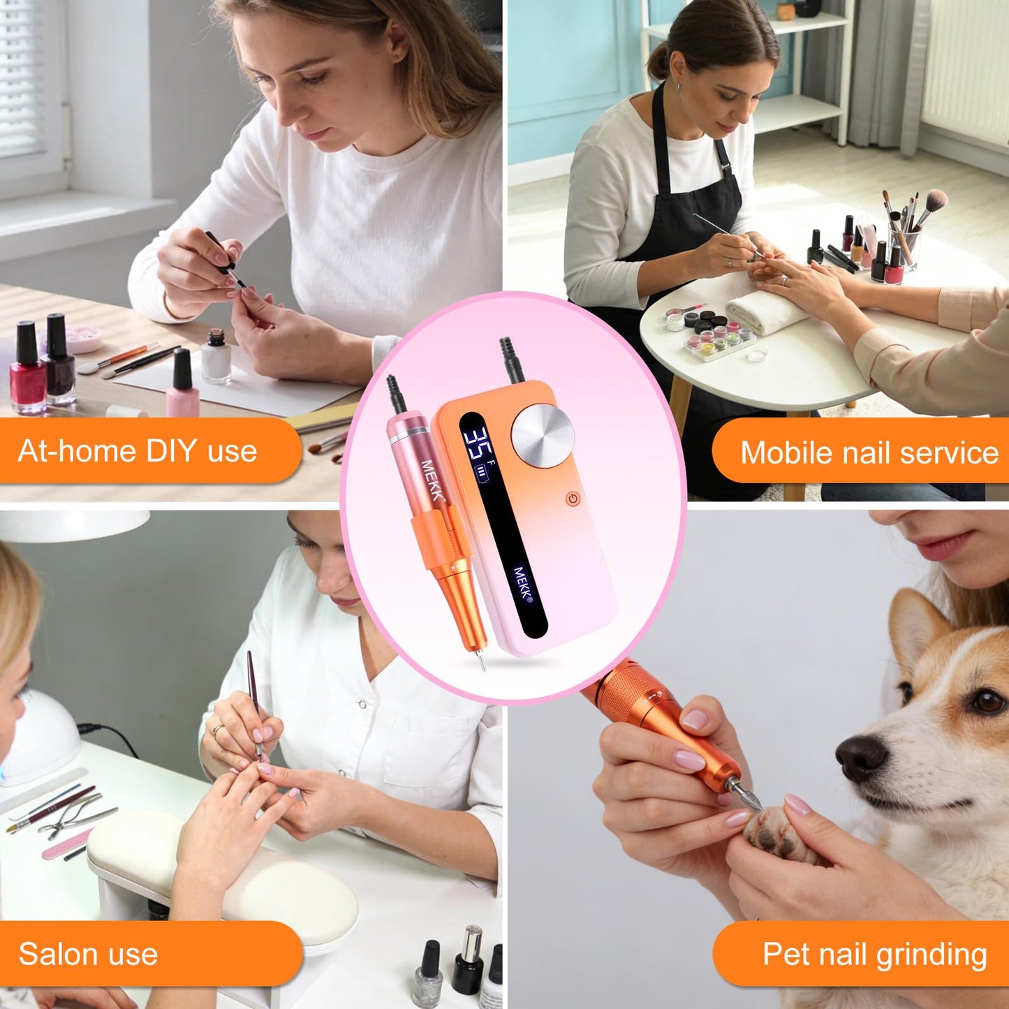 MEKK Nail Drill Kit,35000RPM Electric Nail Drill Professional Electric Nail File with 12PCS Bits,Anti-Shaking Cordless E Filer for Nails with LCD Display,Home & Salon (Orange-Pink)