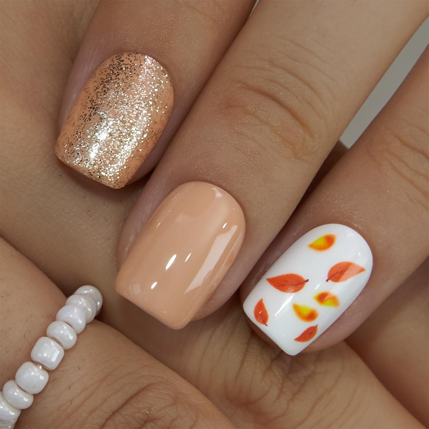 Curvlife Press On Nails – 30PCS Full Cover False Natural Fit Soft Gel Fake Nails Tips, Easy to Apply at Home Glue On False Nails Kit (Autumn-Inspired Brown Nails with Glitter and Leaf Design, Short)