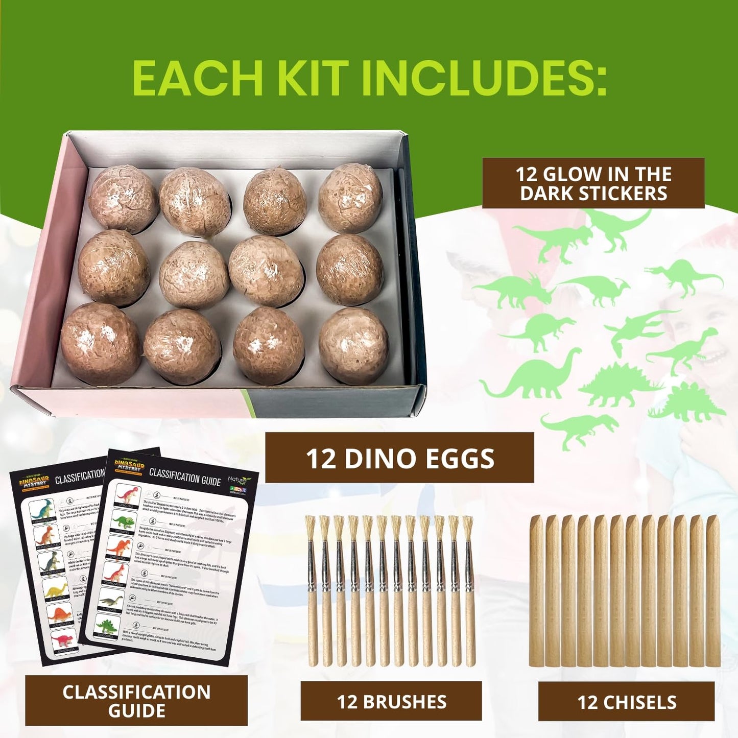 Nature Gear Dino Dig Kit for Kids, Dinosaur Eggs Digging Kit, Educational Egg Excavation Kit with 12 Glow in The Dark Mystery Dinosaurs, Interactive Archaeology Fossil Toy for Kids Age 3-5 and Up