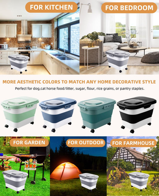 DDMOMMY 20-30 Lbs Rice Storage Container,Collapsible Food Storage Containers with Rolling Wheel Airtight Locking Lid,Flour Storage Container with Cup and Scoop,Suitable for Food,Rice,Pet Food,Flour