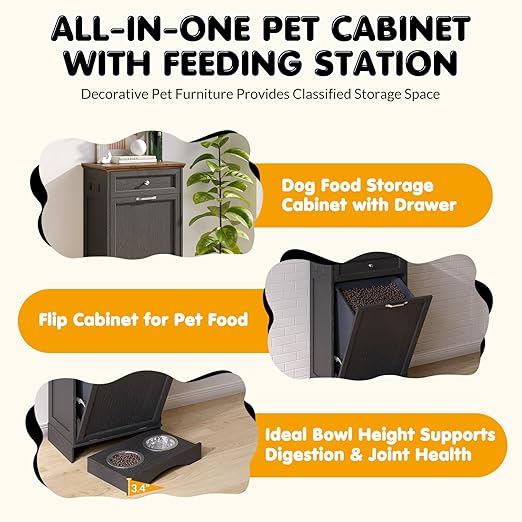 Furnivio Tilt Out Trash Can Cabinet with Dog Bowl, 10 Gallons Dog Feeding Station with Storage, Dog Food Cabinet with Hideaway Drawer for Kitchen, Living Room,Laundry Room
