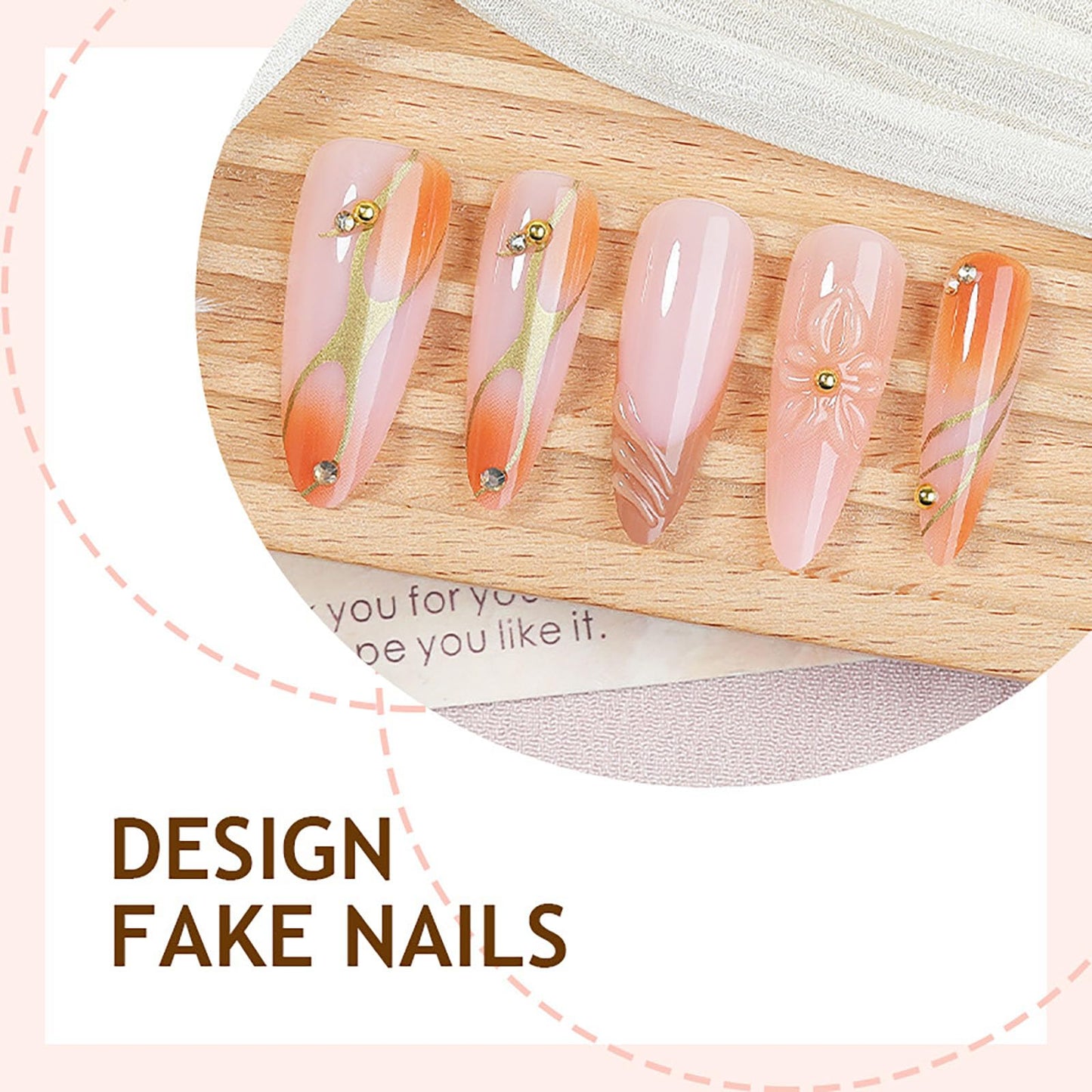 RUOKEXIN Long Almond Press on Nails French Tip Fake Nails Brown False Nails with 3D Flower Designs Stiletto Nail Press ons Sparkly Artificial Nails for Women 30Pcs