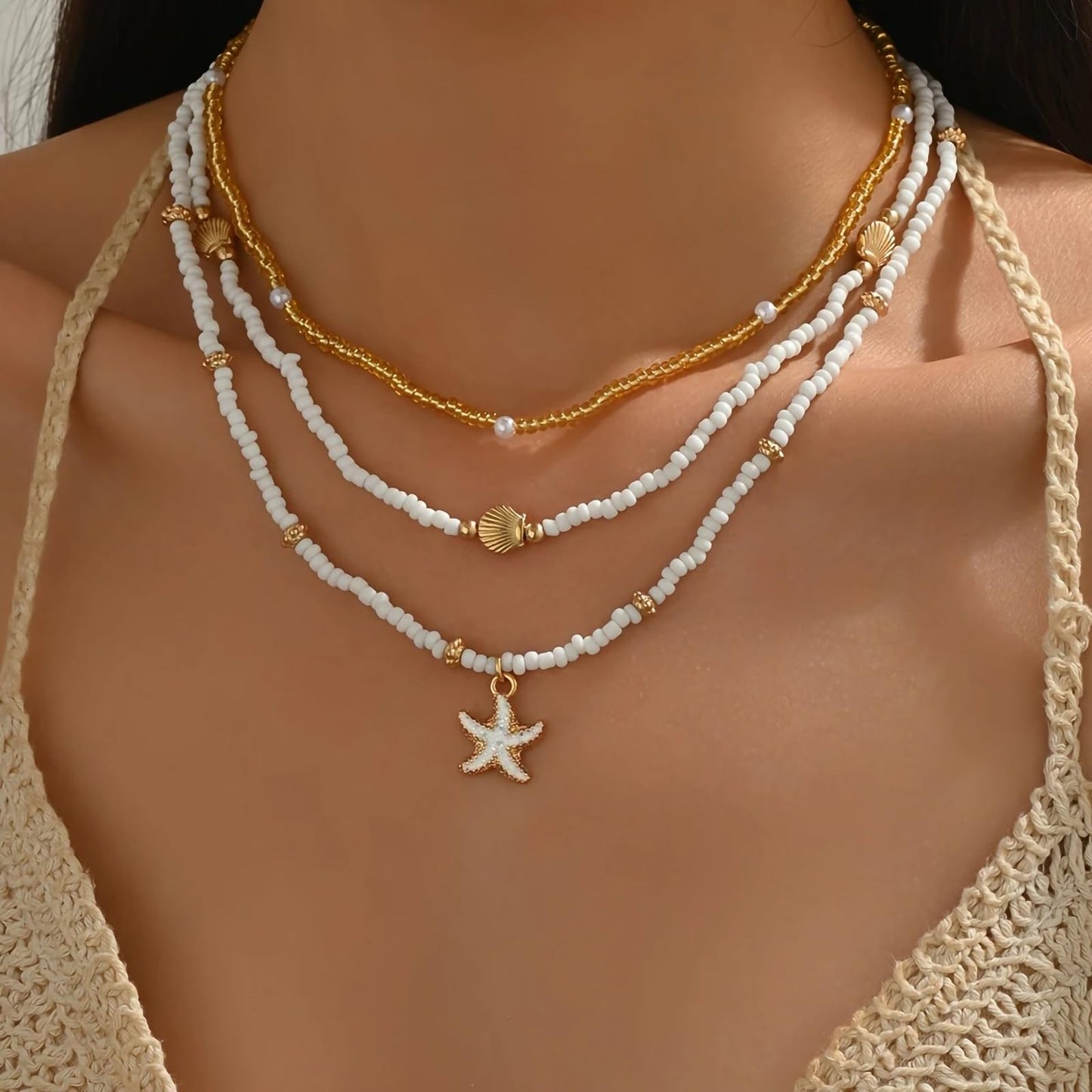 Nackiy Handmade Sea Shell Necklace for Women Summer Adjustable Natural Shell Collar Necklace (Starfish 3pcs)