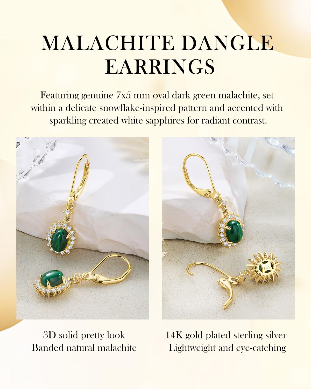 AIBAO Malachite Dangle Earrings for Women Green Crystal Snowflake Dangling Earrings Boho Jewelry Sterling Silver Oval Malachite Drop Earrings