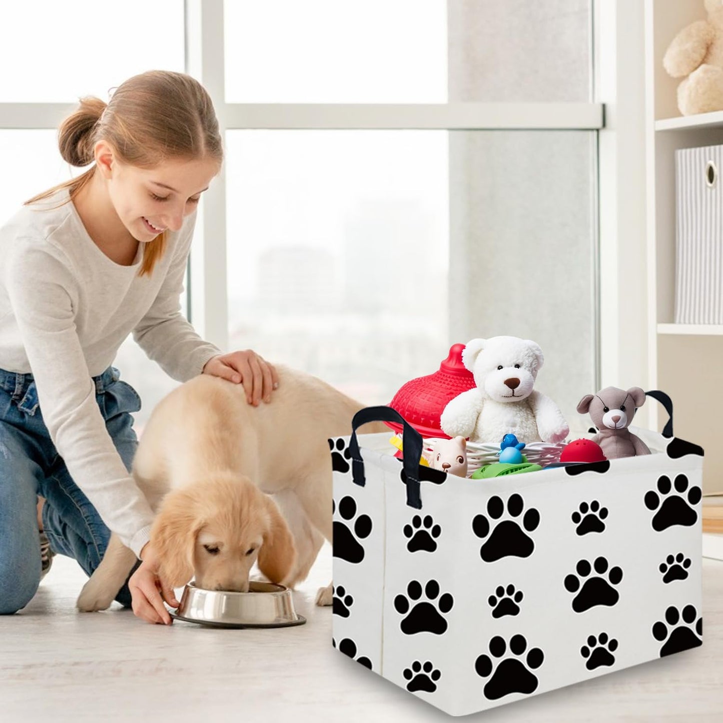 FXOCSHE Rectangular Dog Basket,Nursery Hamper,Collapsible canvas kids toy storage box,Kids room storage basket,Pet decor(Dog paw)