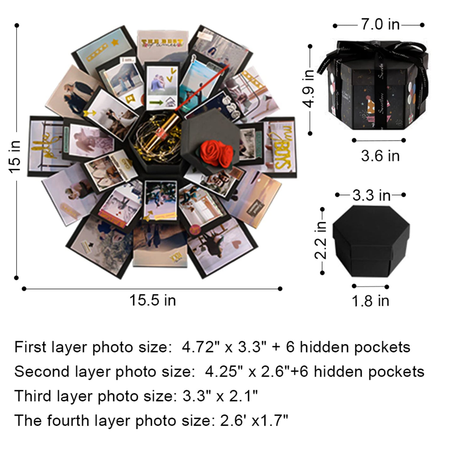 Vienrose Explosion Gift Box Set Surprise Gift Photo Box Creative DIY Scrapbooking Picture Album Accessories Couple Gifts for Birthday Proposals Valentine's Day 01Black Unassembled