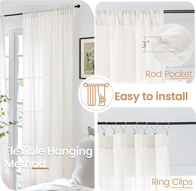 BGment Short Linen Curtains 54 Inch Length for Living Room - Rod Pocket Light Filtering Drapes Semi Sheer Textured for Bedroom Country Decorative Lightweight Natural Rustic, 2 Panels Set, 42 X 54 Inch