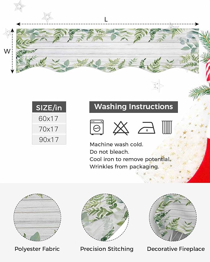 Eucalyptus Leaves Fireplace Mantel Scarf Table Runner, Summer Pastoral Botanical Gray Wooden Winter Garland Mantel Top Tablerunners Dresser Scarves Decorations for Windows Party Living Room 60''x17''
