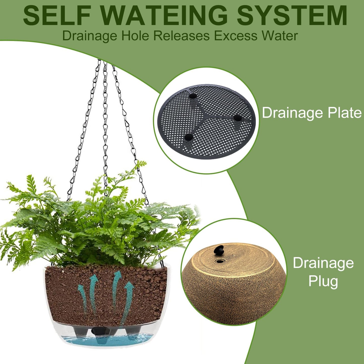 BAYN 2 Packs Solar Hanging Basket Planters for Plants Outdoor, Self Watering Copper Flower Plants Pots with Solar Light Drainer for Balcony Patio Garden Outdoor Decoration