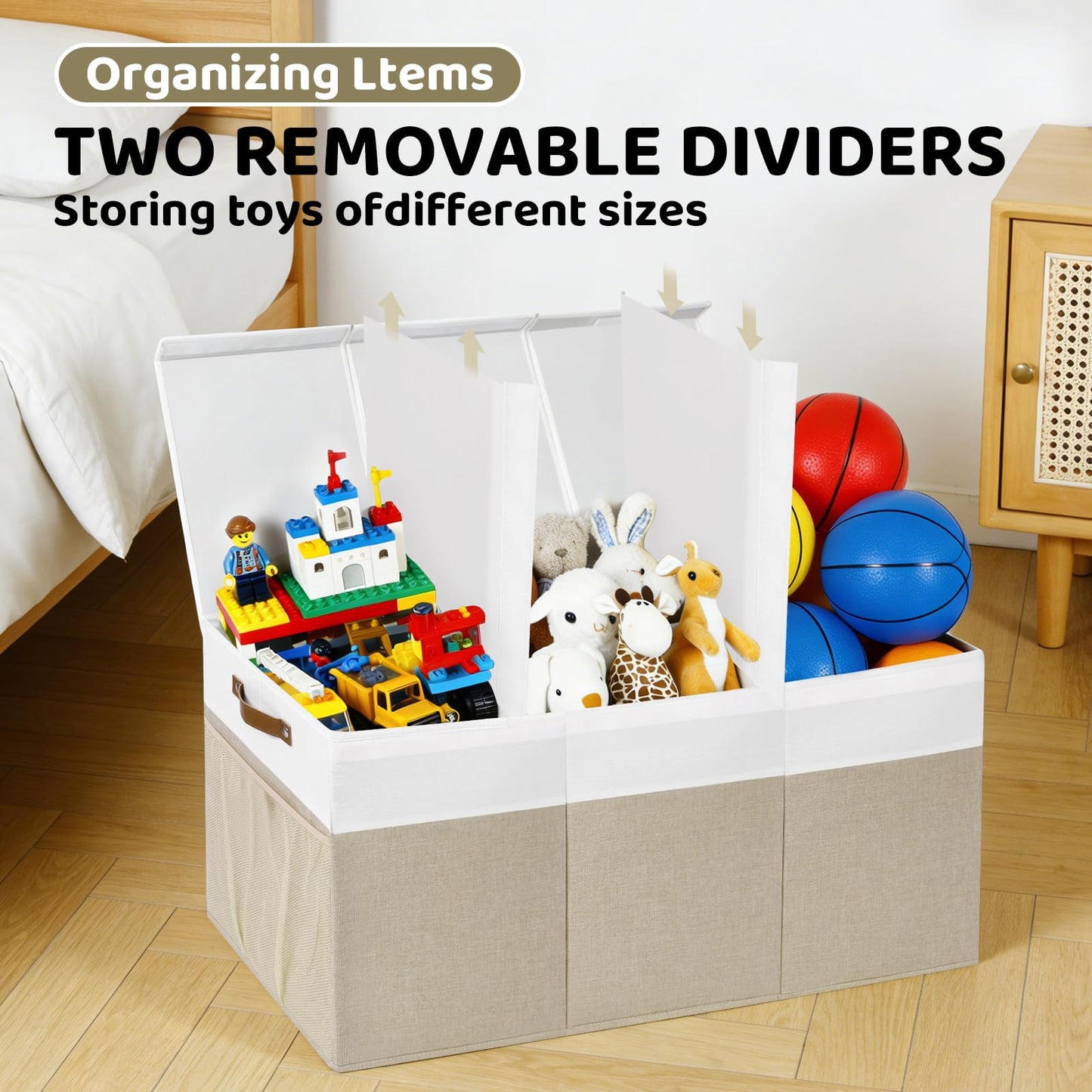 ISEMINGLA Extra Large Foldable Toy Chest with Lid,Collapsible Kids Toy Storage Box Organizer,Large Fabric Storage Bin for Nursery Playroom Bedroom Living Room,40”x18”x14”,White & Beige