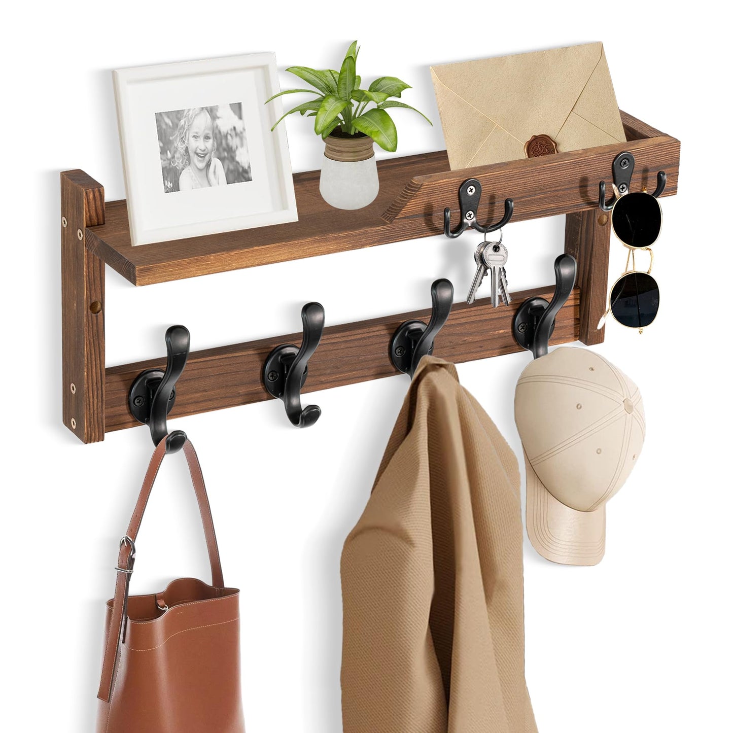 dreampossible Coat Rack Wall Mount with Shelf, Coat Hanger Wall Mount with Key Hooks and Mail Holder, Wood Entryway Floating Shelf with Hooks and Storage, Hat Rack for Wall Key Holder Mail Organizer