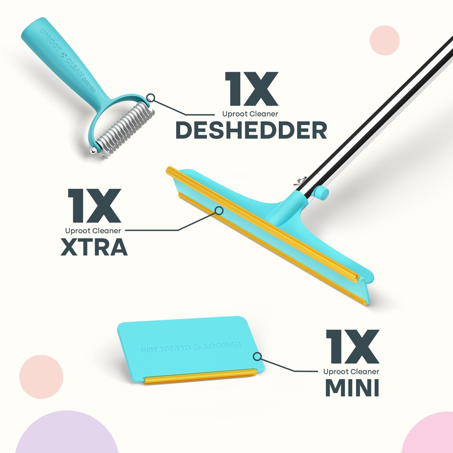 Uproot Clean Xtra, Mini & Deshedder Bundle - Pet Hair Removal Tool & Dog Brush for Shedding - Easy Cat & Dog Hair Remover Carpet Rake Set with Special Grooming Brush