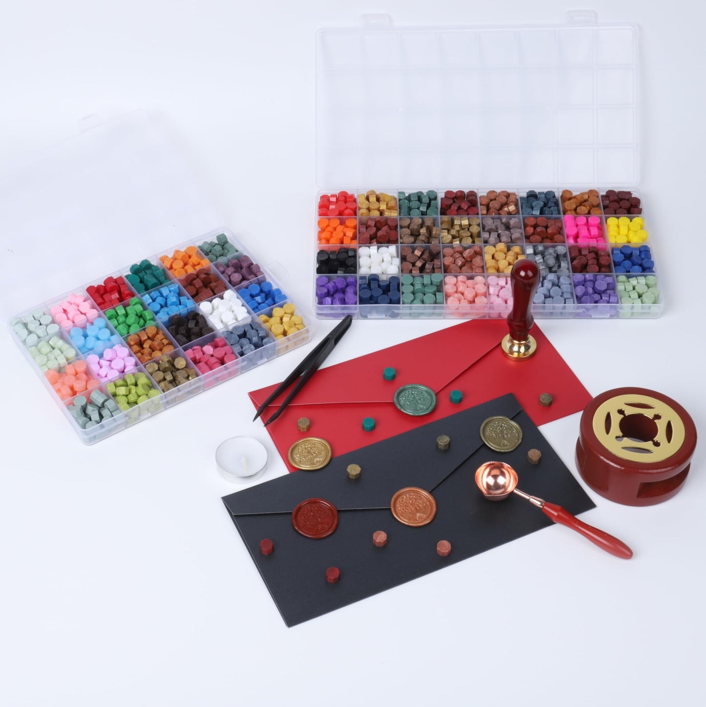 Wax Seal Kit, 56 Colors 1456 Pcs Sealing Wax Beads with Melting Warmer Spoon, Candles, Seal Stamp Set for Wedding Invitation, Letter Stamp Sealing and DIY Craft
