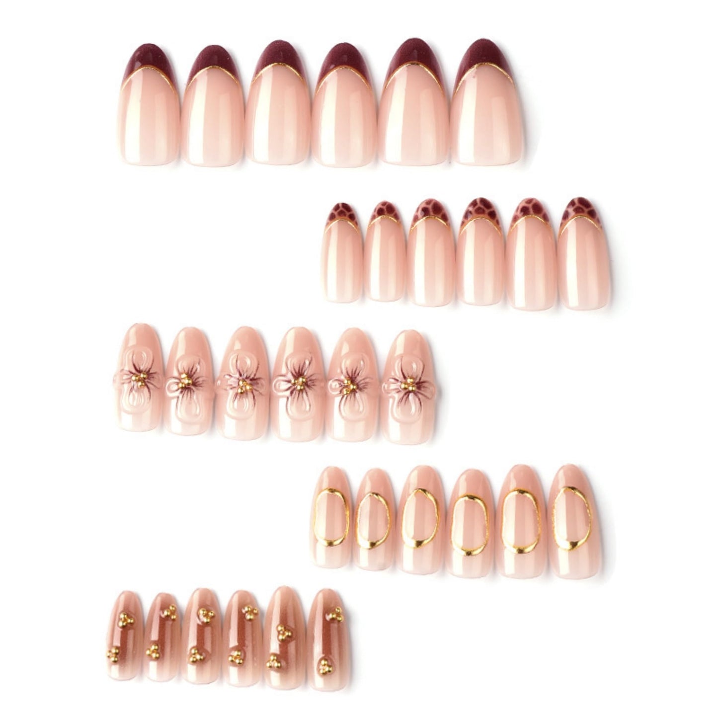 Short Press on Nails Almond Fake Nails Brown Artificial Nail Floral and Gold Charm Designs Stick on Nail for Women 30pcs