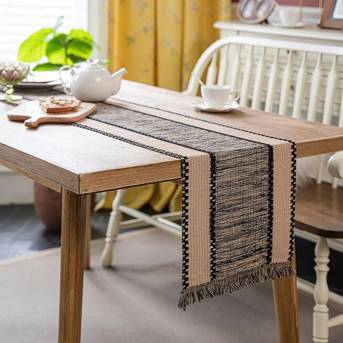 Natural Jute Table Runner, Burlap Style Table Runner, Rustic Farmhouse Table Runner Country Vintage for Wedding, Party Table Decorations, Boho Décor Black Hemp 14x63 inch TAB28
