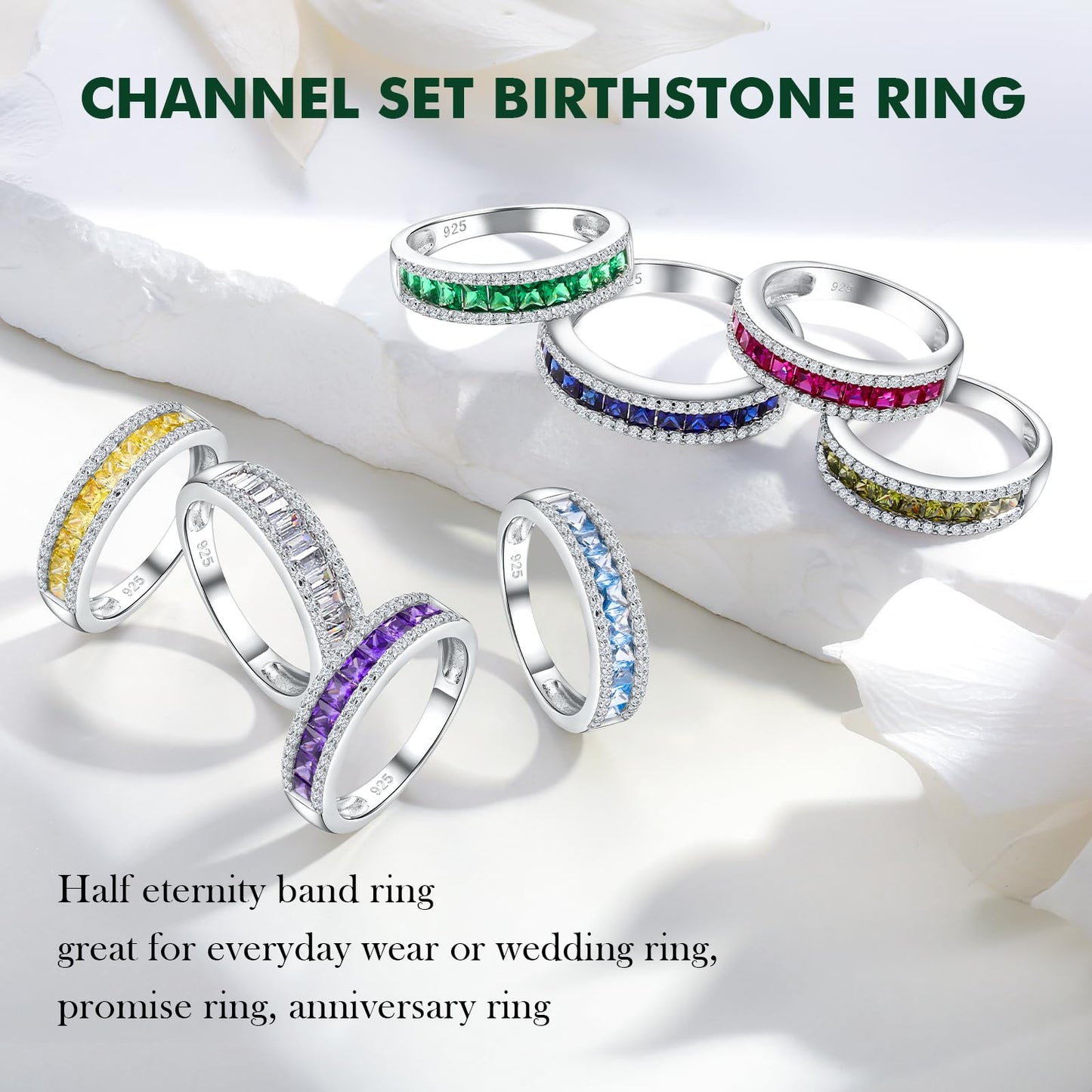 RANDES Blue Topaz Ring Band December Birthstone Ring 925 Sterling Silver Channel Set Half Eternity Band Rings for Women Size 9