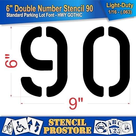 Pavement, Curb, and WheelStop Stencils - 6 inch Double Number Stencil - (90) - 6" x 9" x 1/16" (63 mil) - Light-Duty