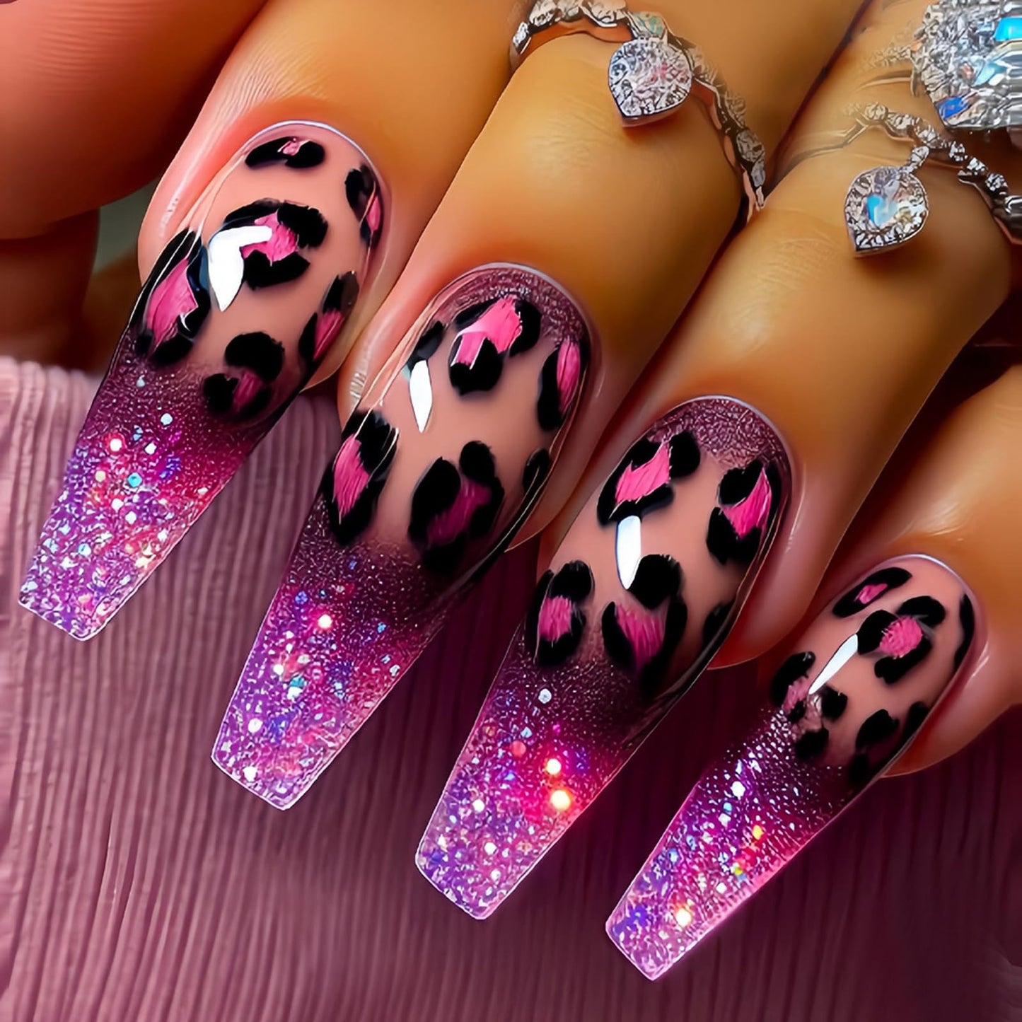 IMSOHOT Pink Press on Nails Long Coffin Fake Nails Leopard Print Designs Full Cover Glossy Glitter Gradient Acrylic Ballerina Stick on Nails for Women 24Pcs