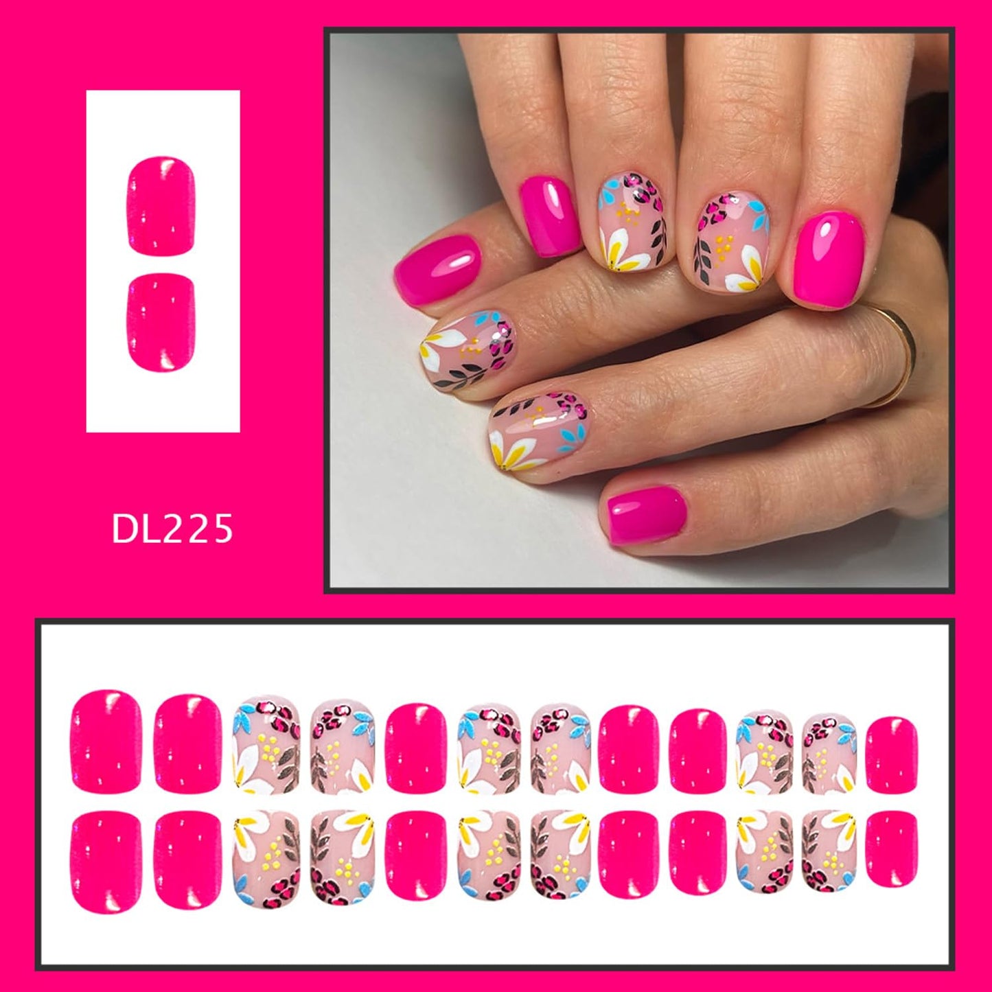 Short Square Press On Nails Pink Fake Nails With Flower Design Summer False Nails Glossy Full Cover Artificial Glossy Acrylic Spring Stick On Nail Reusable Cute Glue On Nail For Women 24pcs