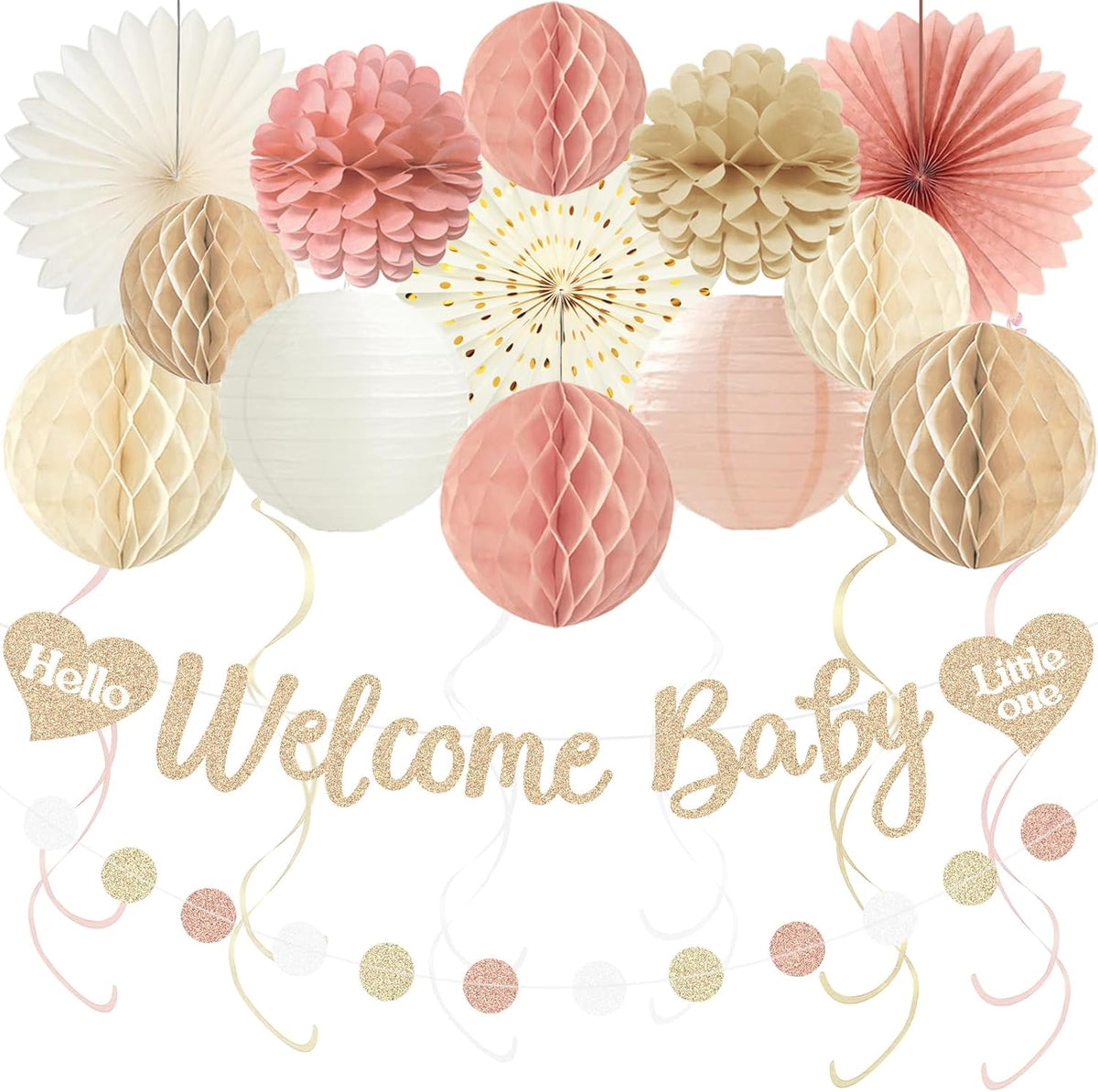 Boho Baby Shower Decorations for Girl, Pre-Strung Welcome Baby Banner with Honeycomb Balls, Paper Flowers, Lanterns, Fans, Hanging Swirls, Circle Dots Garland for Girl Baby Shower Decorations 24pcs