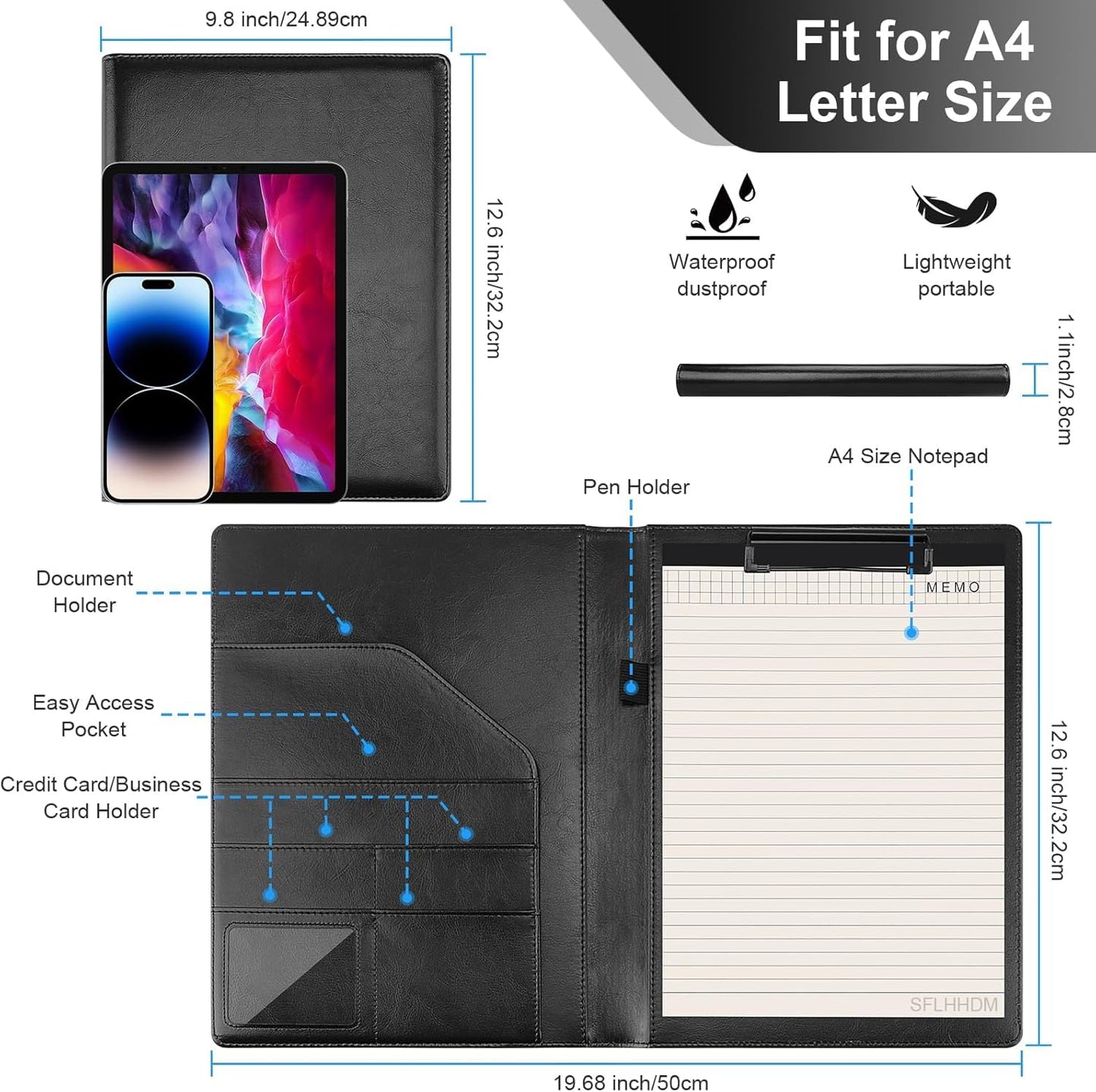 Portfolio Folder Padfolio with A4 Clipboard, Professional PU Leather Folder Binder with Clipboard Folio, Letter Size, Clip Board Organizer for Legal Documents, Business Card Resume Folder, Men Women