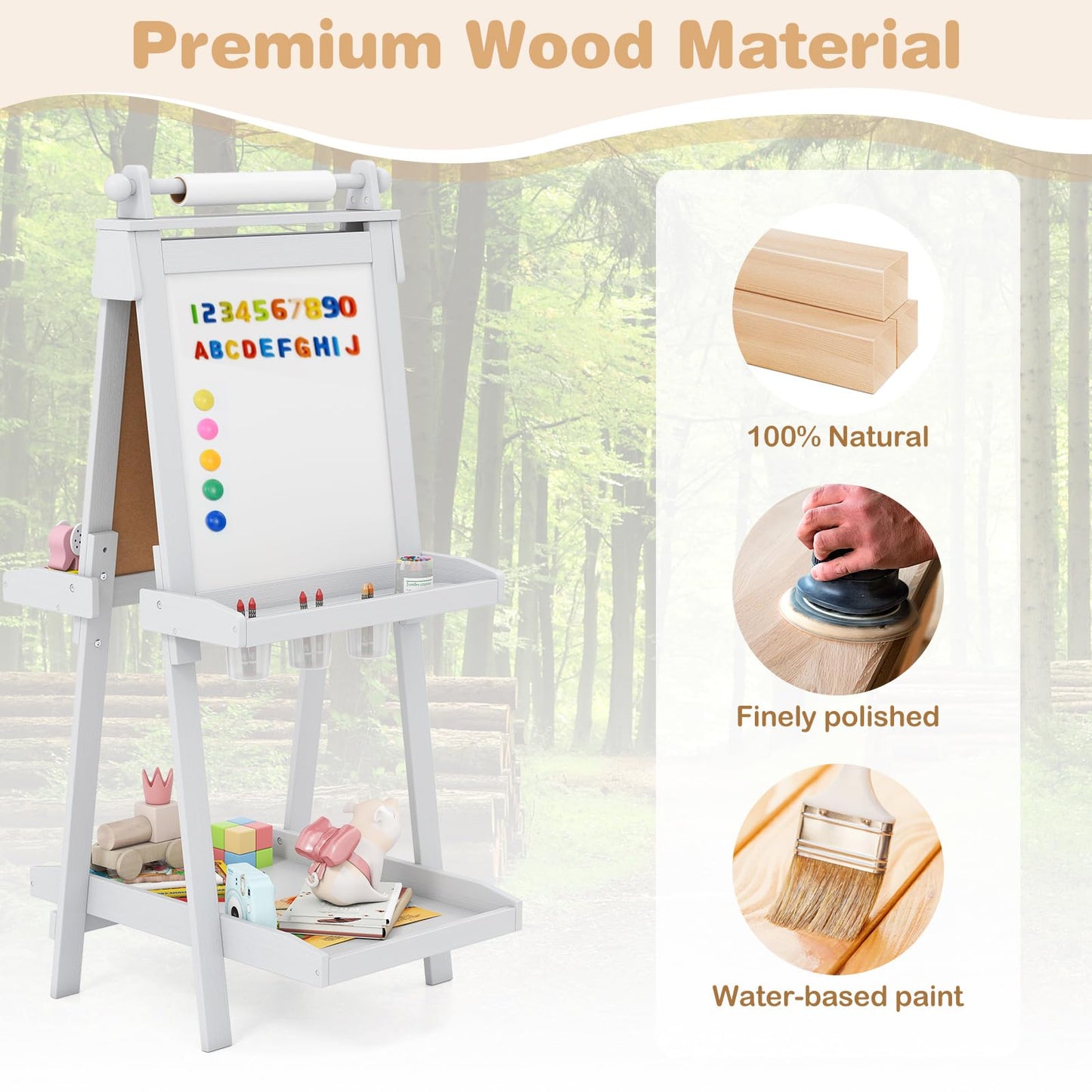 OLAKIDS Easel for Kids, 3 in 1 Adjustable Painting Art Board, Foldable Double-Sided Wooden Drawing Chalkboard Magnetic Whiteboard with Paper Roll, Storage Rack, Cups for Boy Girls (Gray)