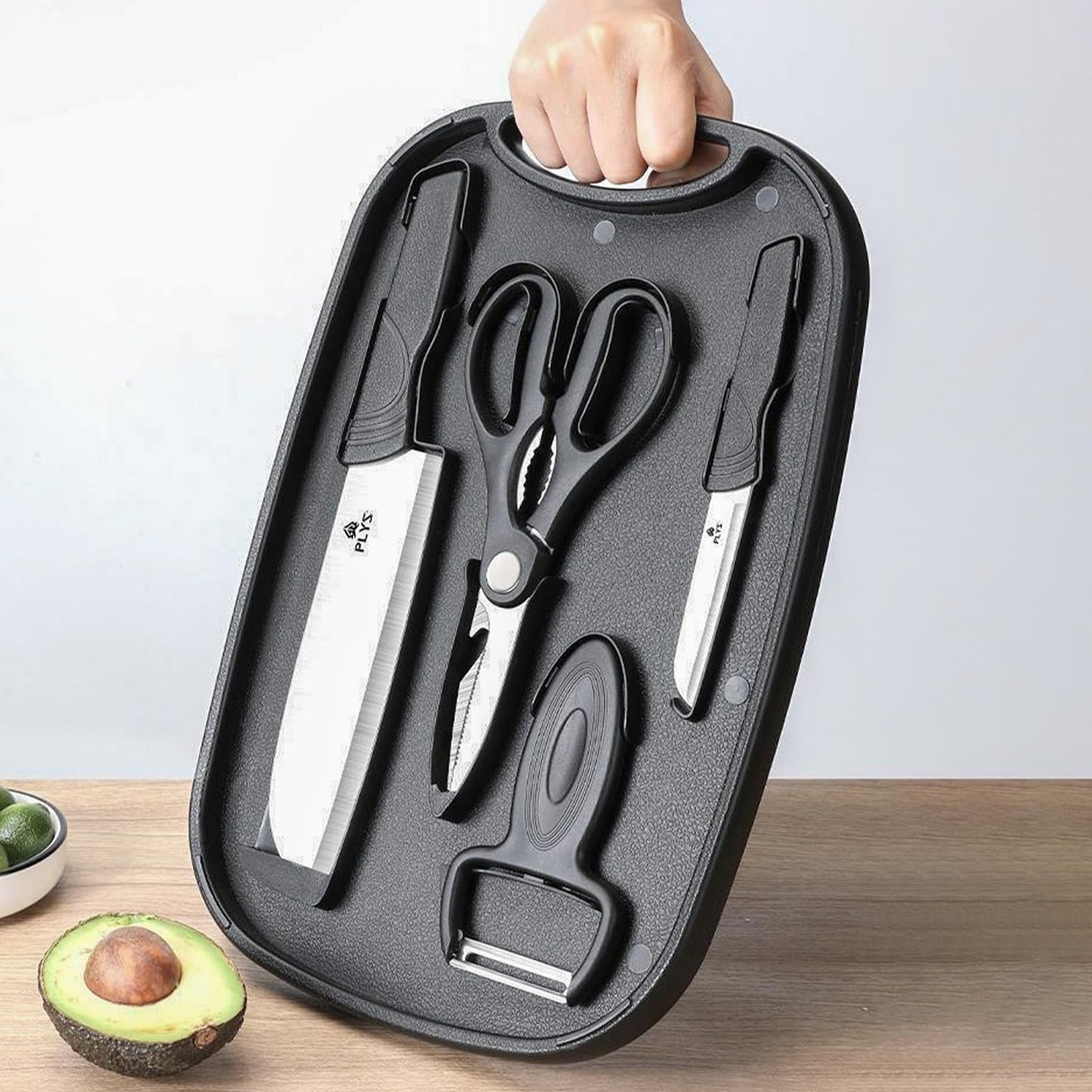 YERGOFE 5 in 1 Portable Camping Kitchen Utensil Set- Portable Cutting Board and Kitchen Utensil Set, Mini Travel Kitchen for Camping and Dorm Room, Space-Saving Cutting Board