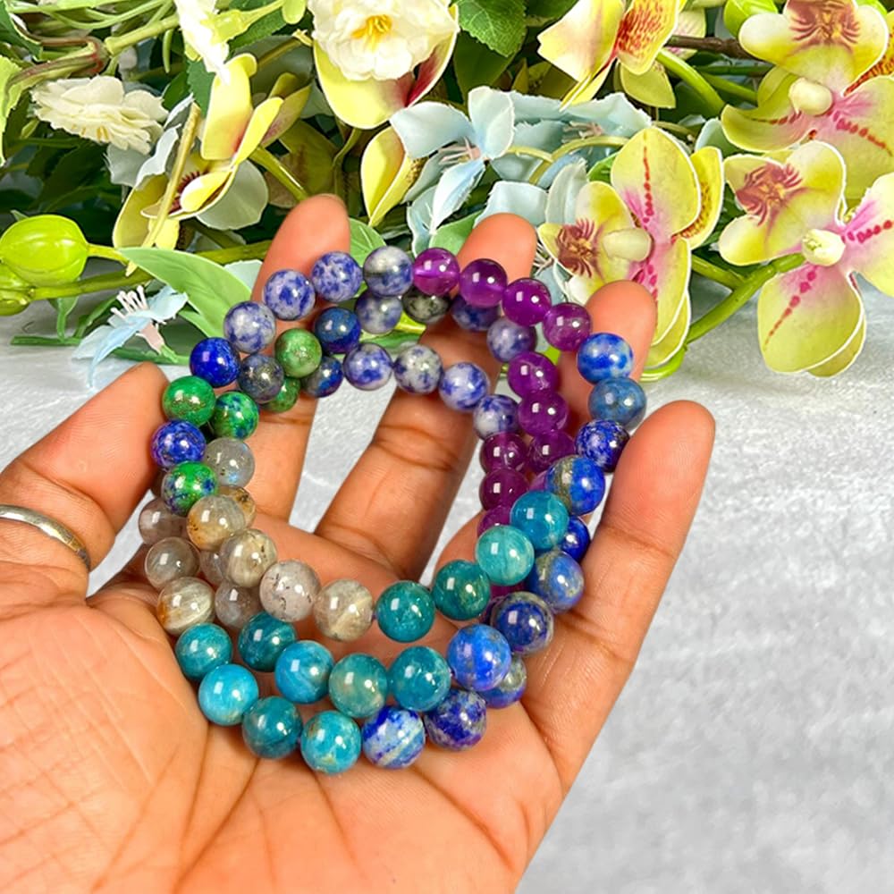 Crystal Treasure Third Eye Chakra Crystals Sodalite,Amethyst,Himalayan Quartz,Azurite Malachite,Rhyolite,Blue Aventurine Stone Round Beaded Stretchable Bracelet