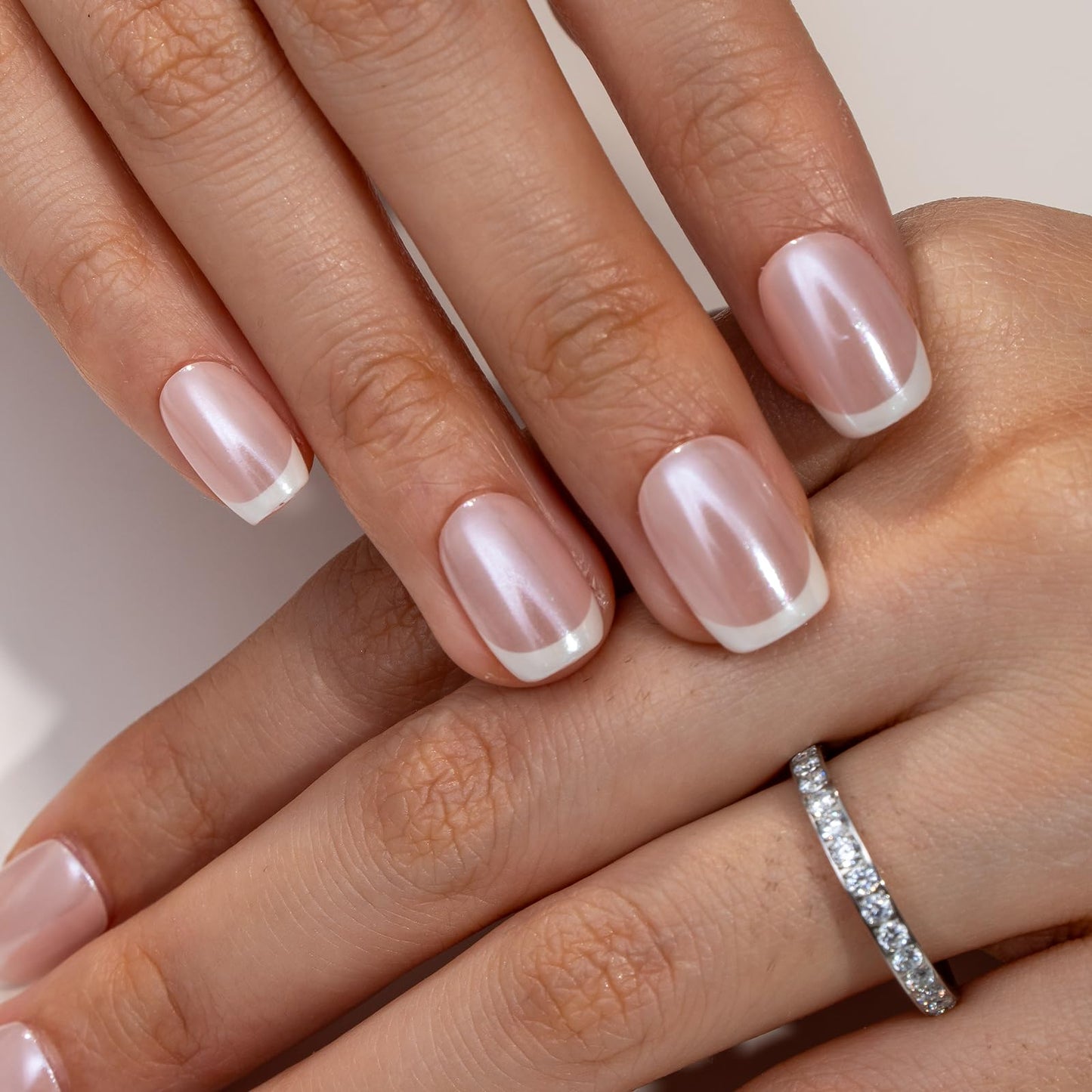 Curvlife Press On Nails Short Square White - Pearl French Tip Press on Nails with Glue, Glossy Nude White Pearl French Fake Nails Long Lasting False Nail Tips for Women