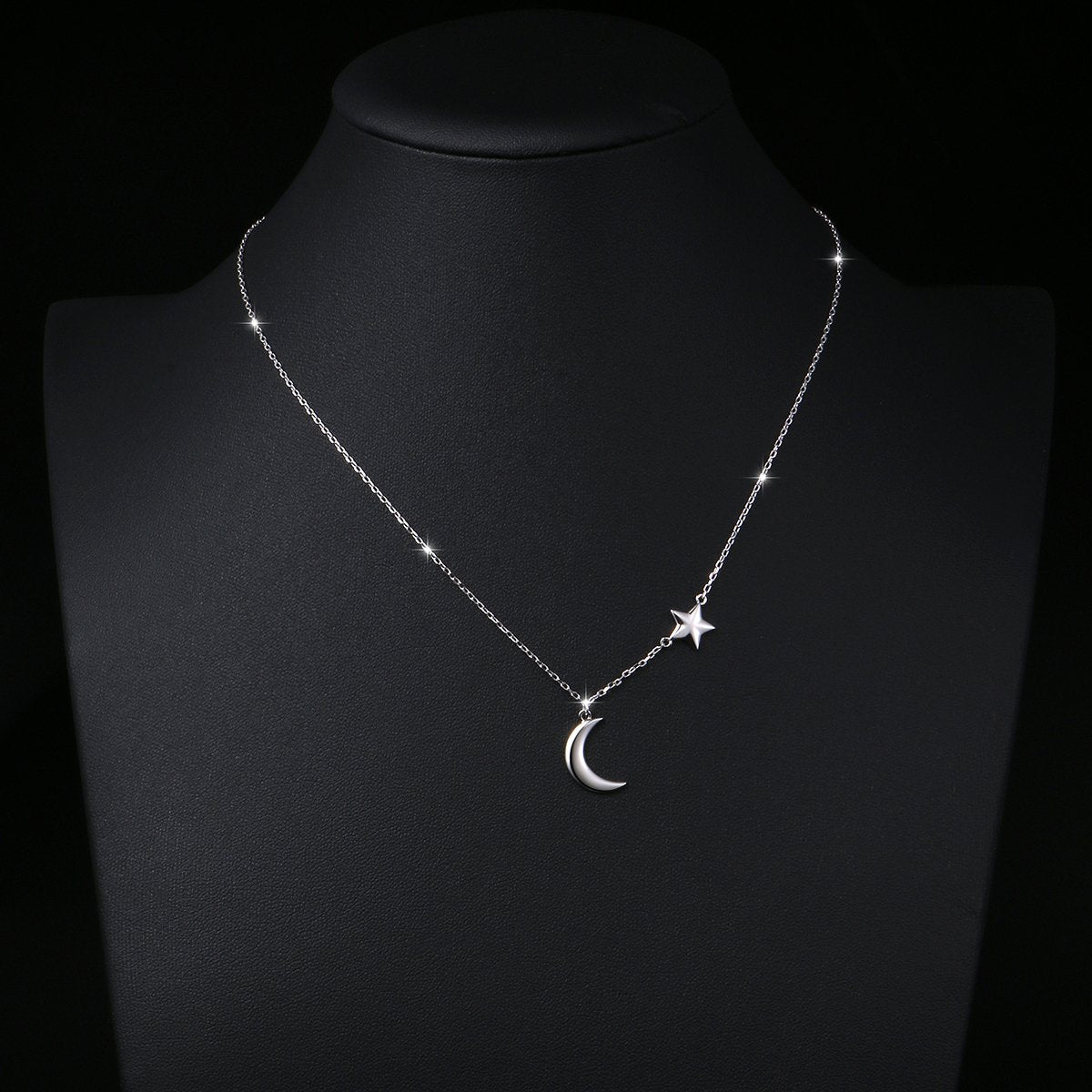 Ladytree S925 Sterling Silver Crescent Moon and Star Jewelry Pendant Necklace,Rolo Chain,18+2"