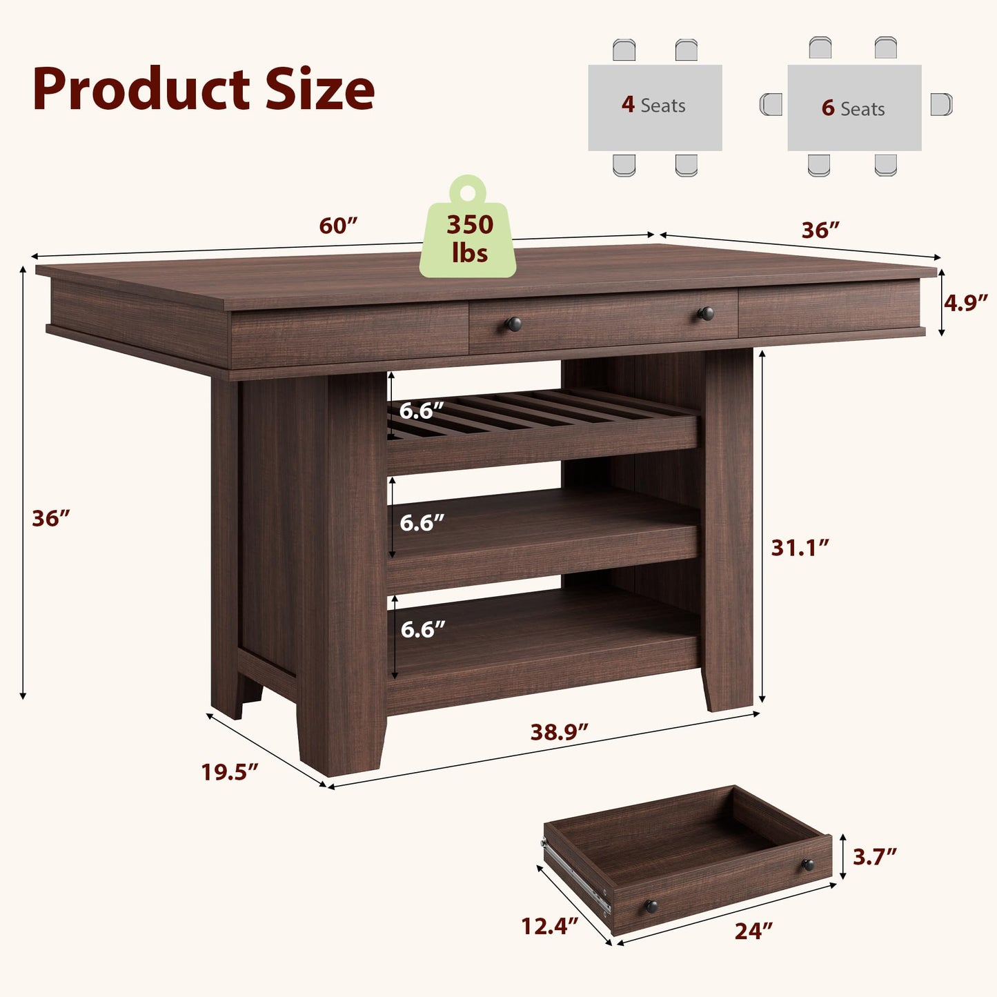 Garvee Counter Height Dining Table with 2 Drawers, 36" Farmhouse Wooden Large Bar Kitchen Table with Wine Rack & 3 Shelves, Rectangular, Thick Frame for Kitchen, Bar & Entertaining, Retro Brown