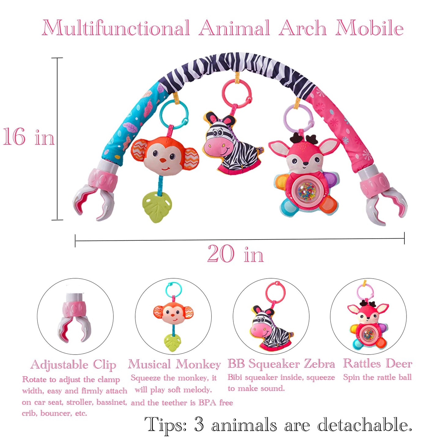Crib Mobile for Girls, Baby Arch Mobile for Bassinet with Universal Clamps, Versatile Toy Bar for Bouncer Arch Toy 0-3 Months, Babies Gril Mobile Toys 0-6 Months Car Seat Stroller Toys