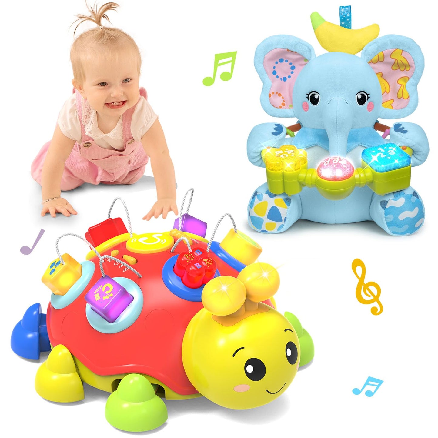 Holaxander Baby Gift Set for 0-6-12+ Months (1 * Baby Ladybug Musical Toy & 1 * Musical Plush Elephant Toy)