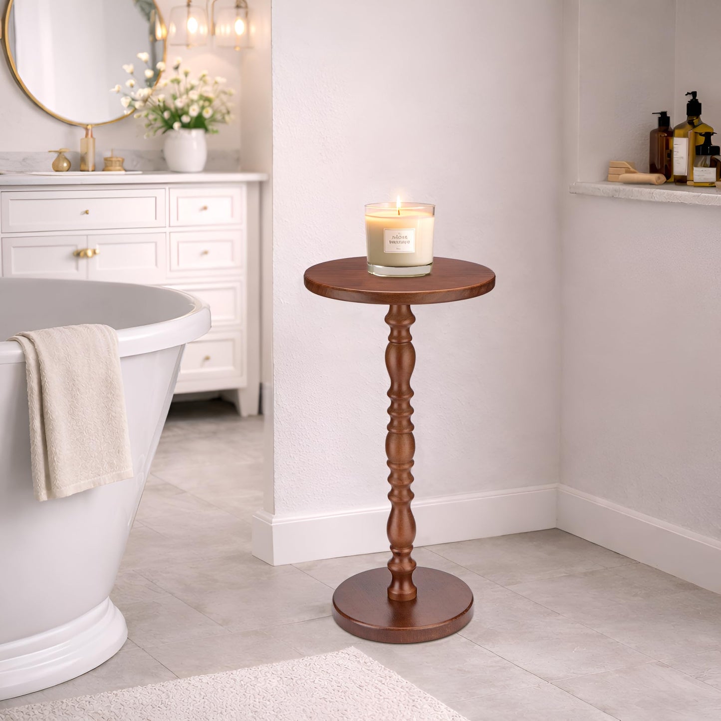Junistra Solid Wood Round Side Table, Rustic Pedestal Drink Table for Small Spaces, Accent Nightstand Table for Living Room, Bedroom, Corners, and Office, Brown