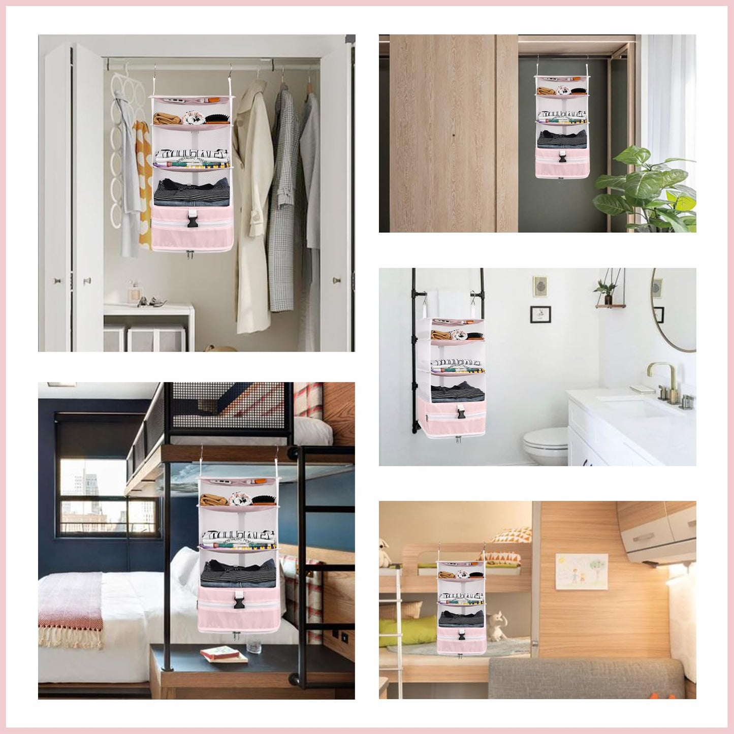 Surblue Hanging Closet Storage Bag Collapsible 3-Shelf Washable Oxford Fabric with 2 Hooks (L 11.41 * 11.41 * 19.68in, Pink)